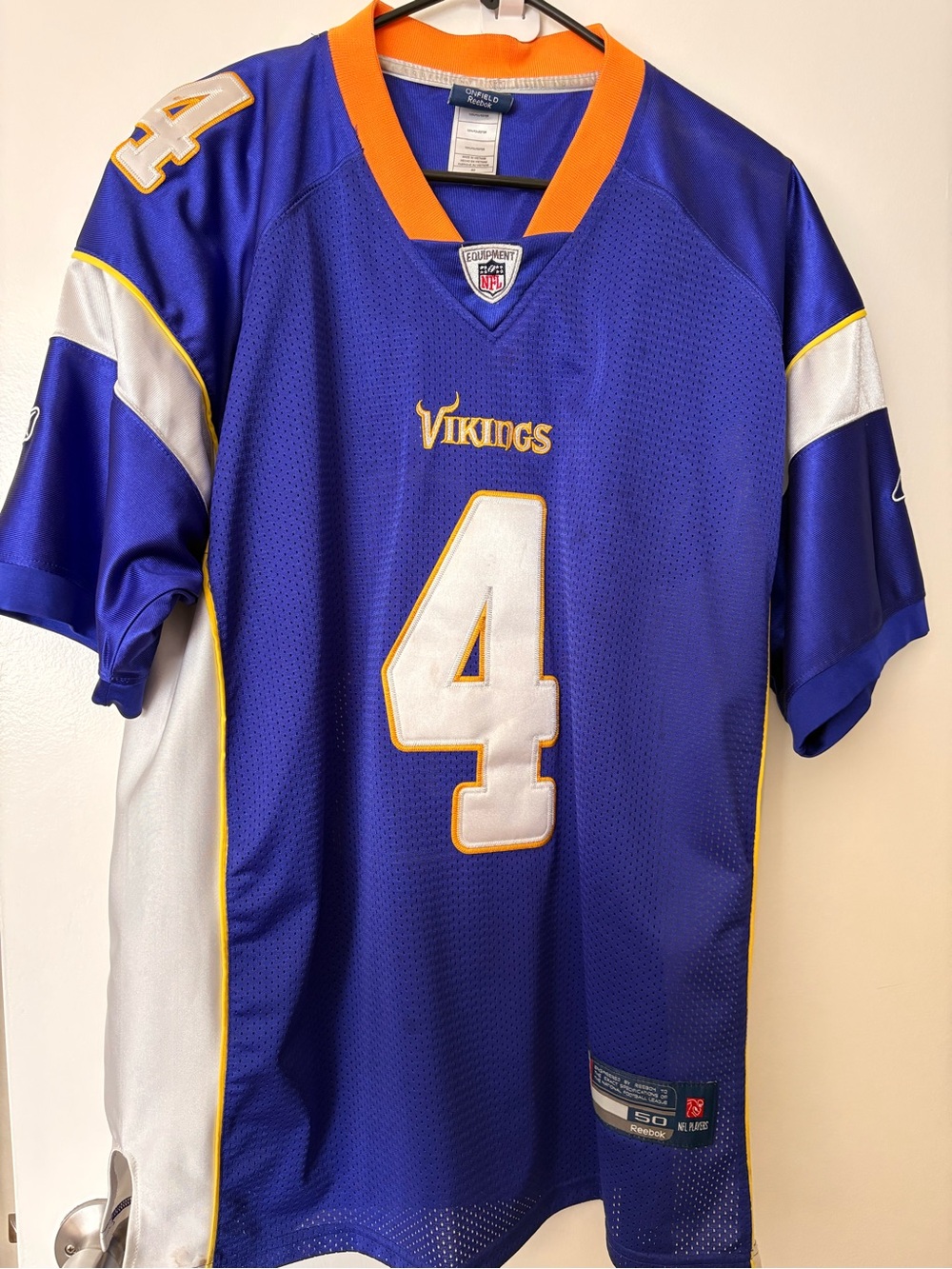 Reebok Vikings #4 Favre Purple and White NFL Jersey with Gold Trim